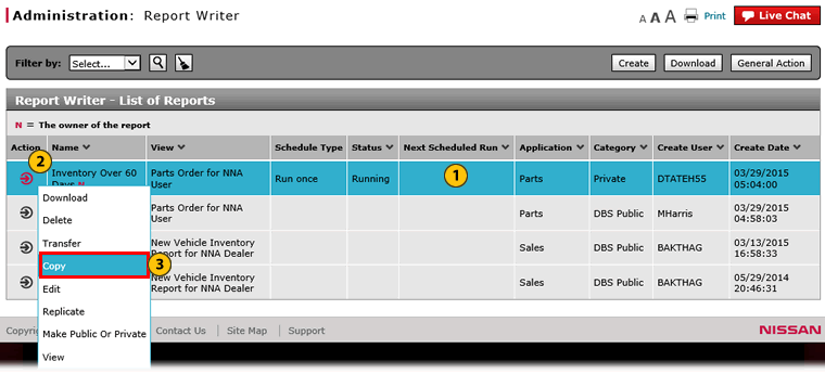 Report Writer page with Copy option highlighted